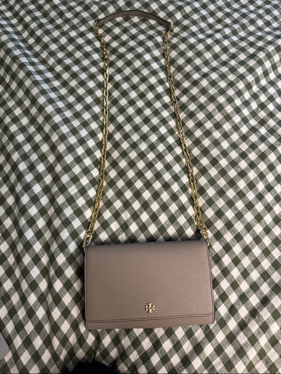 Tory Burch Handbags - Tory Burch Taupe Saffiano Crossbody with Gold Chain